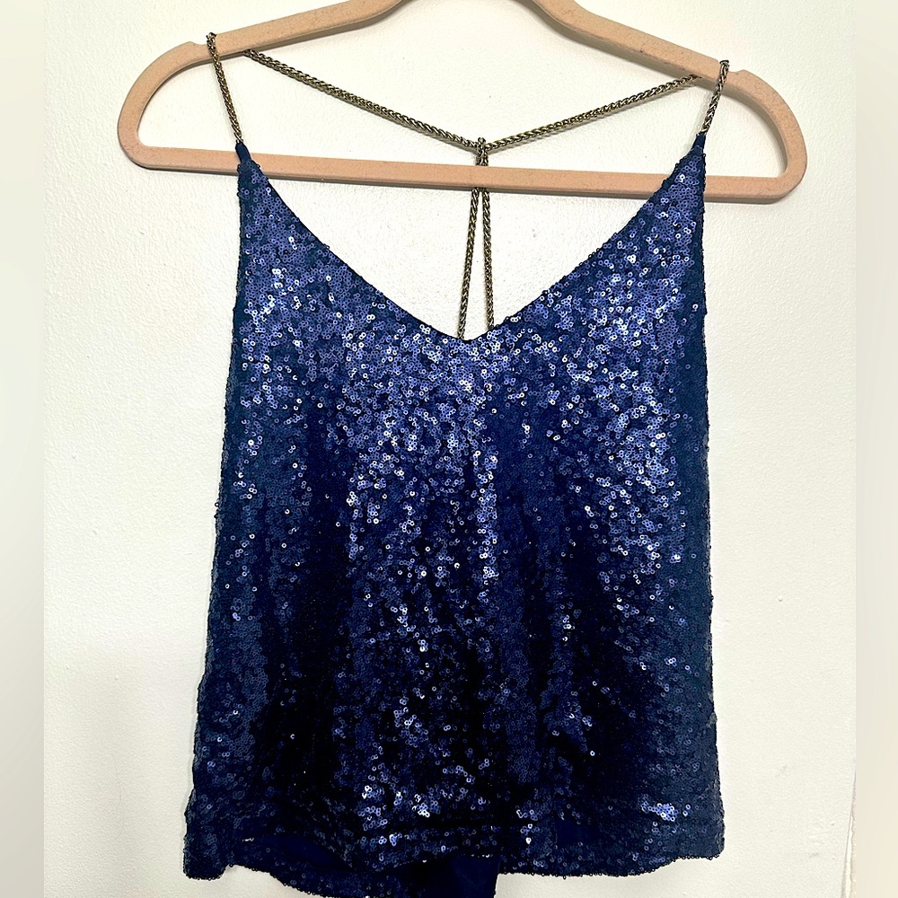 Blue Sequin Chain Strap Tank